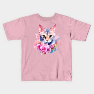 Watercolor romantic cat in flowers Kids T-Shirt